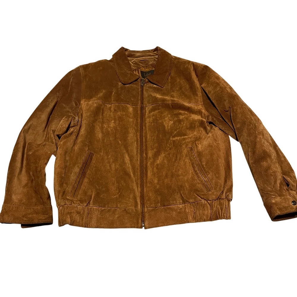 Lee Suede Trucker Jacket Tan Brown Zip Front Quilted Lined Mens Size XL‎